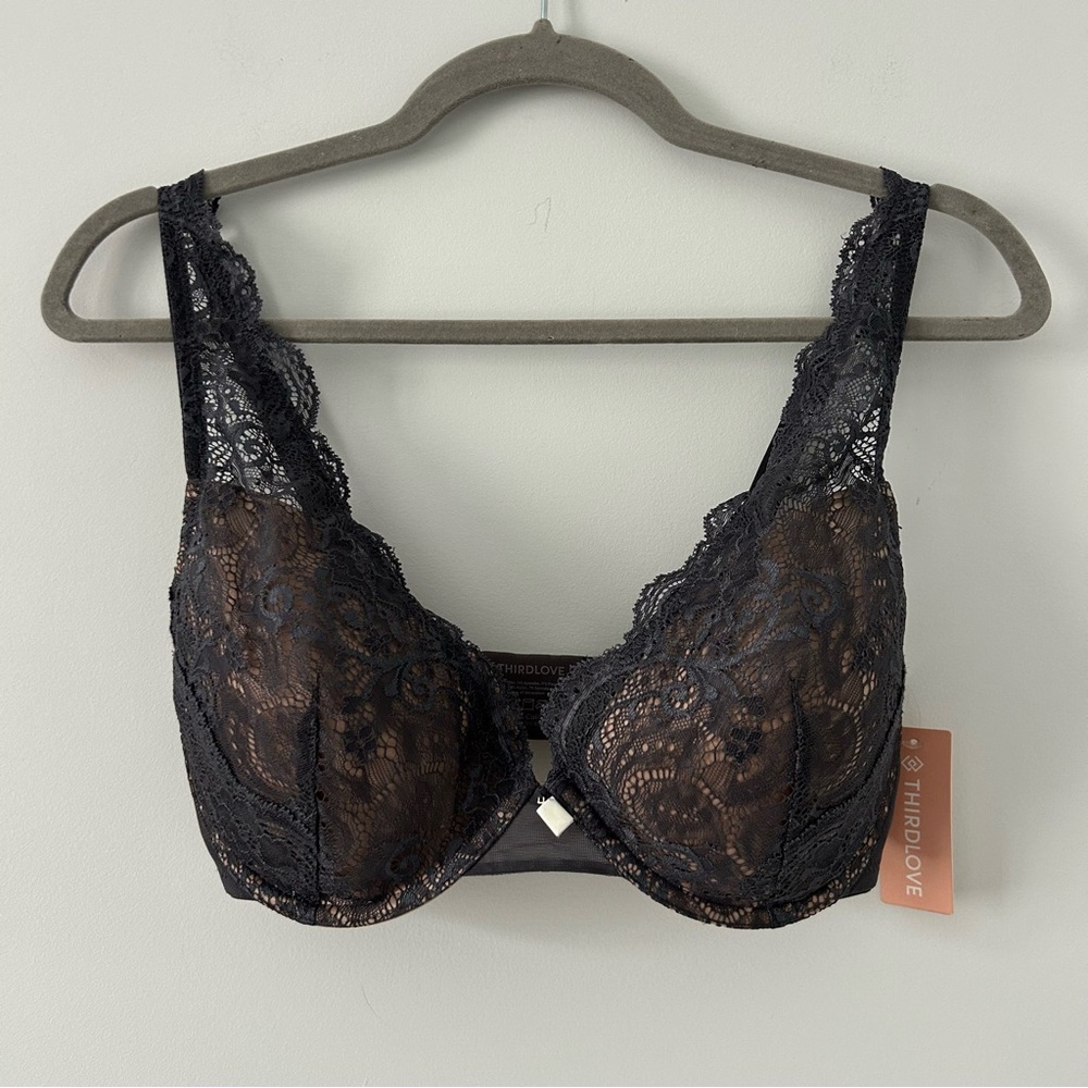 Thirdlove All Day Lace 24/7 Contour Plunge Bra Dark Grey 32F NWT